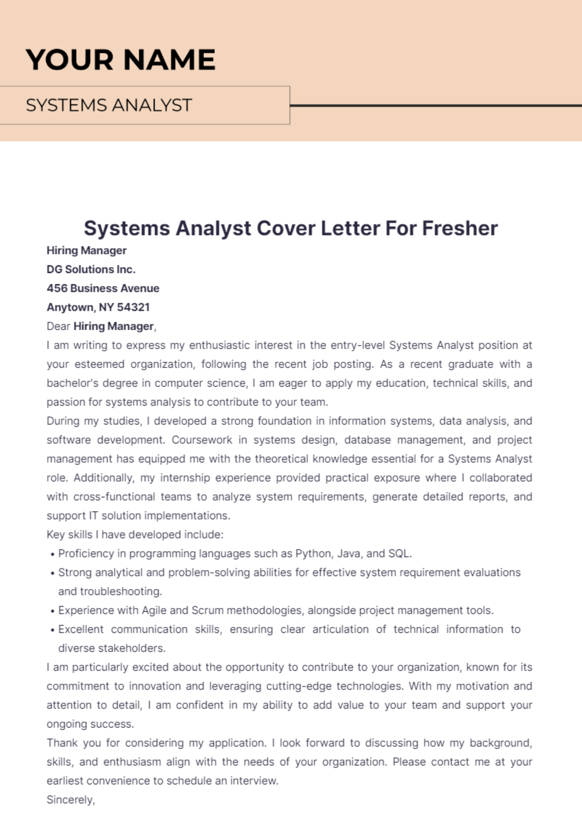 Systems Analyst Cover Letter For Fresher - Edit Online & Download