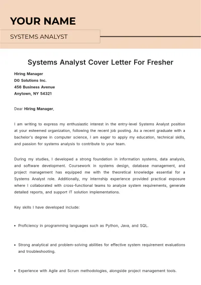 Free Systems Analyst Cover Letter For Fresher to Edit Online