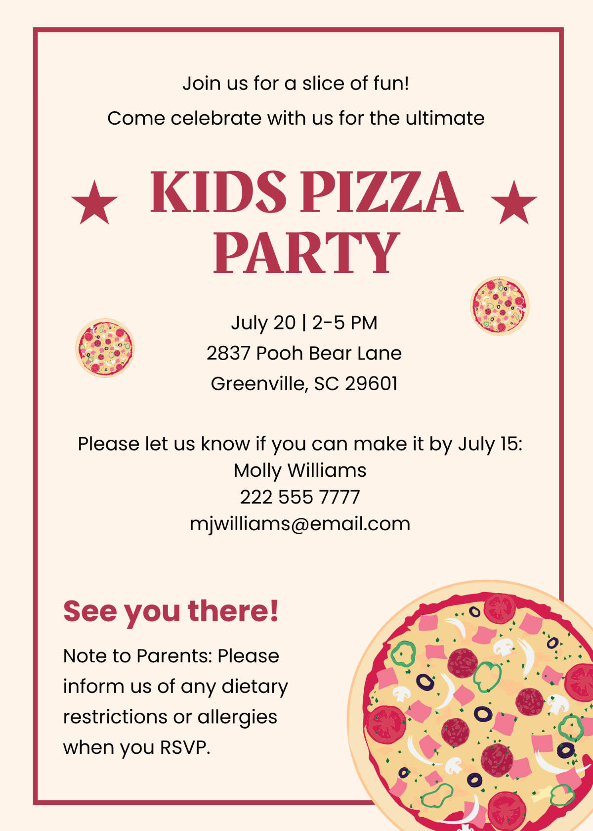 Kids Pizza Party Invitation
