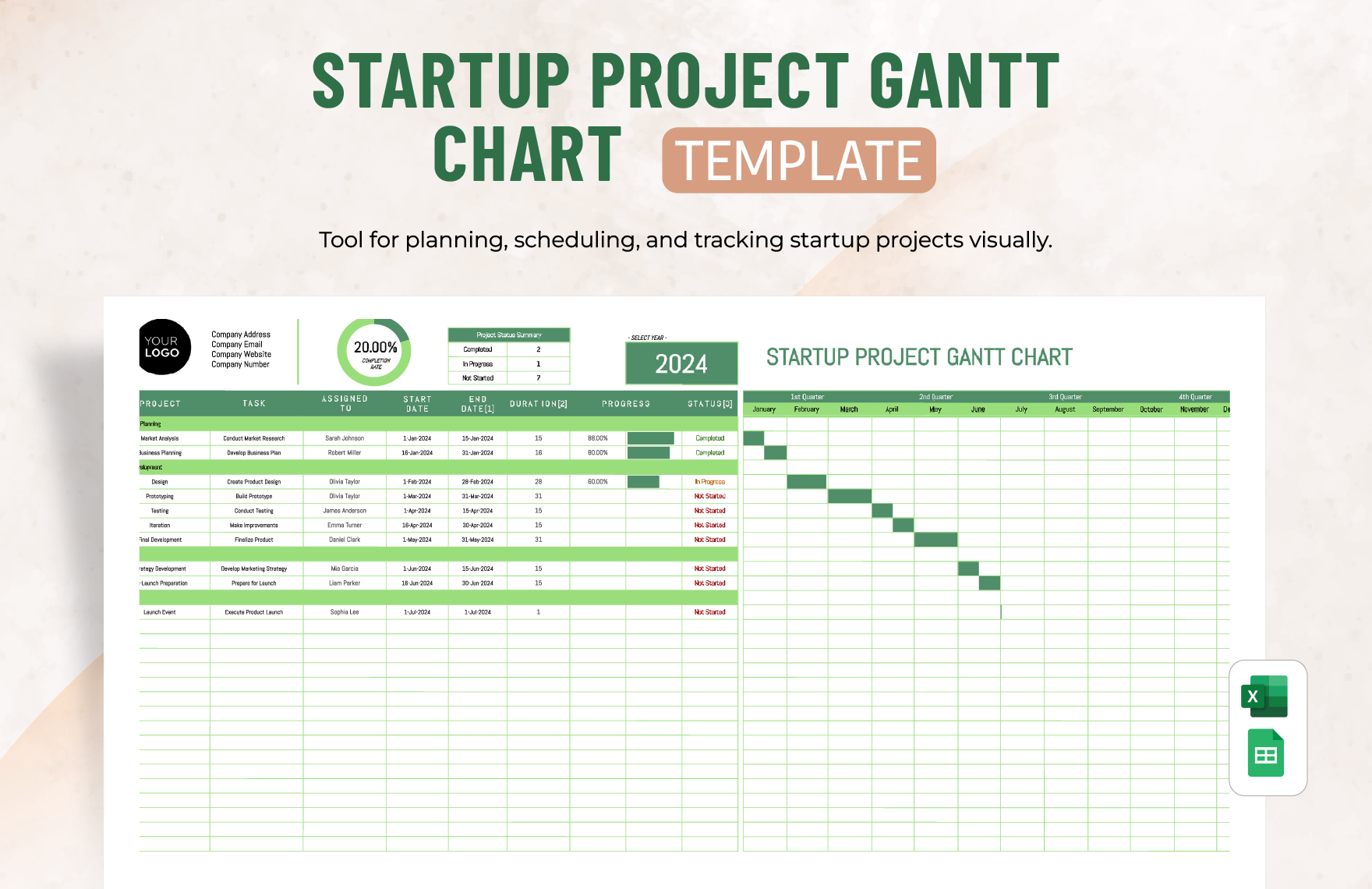 Startup Project Gantt Chart Template in Excel, Google Sheets