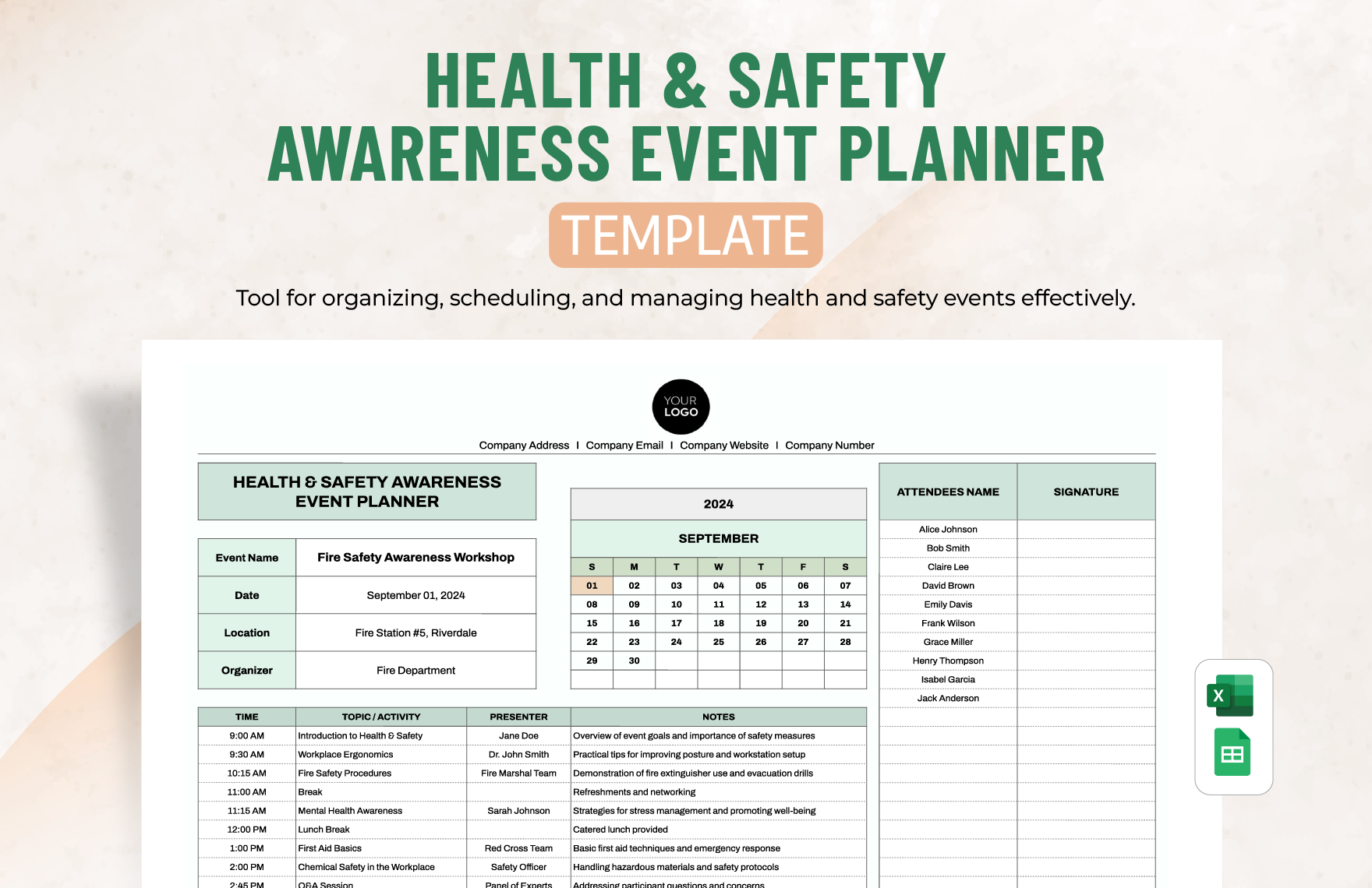 Health & Safety Awareness Event Planner Template in Excel, Google Sheets