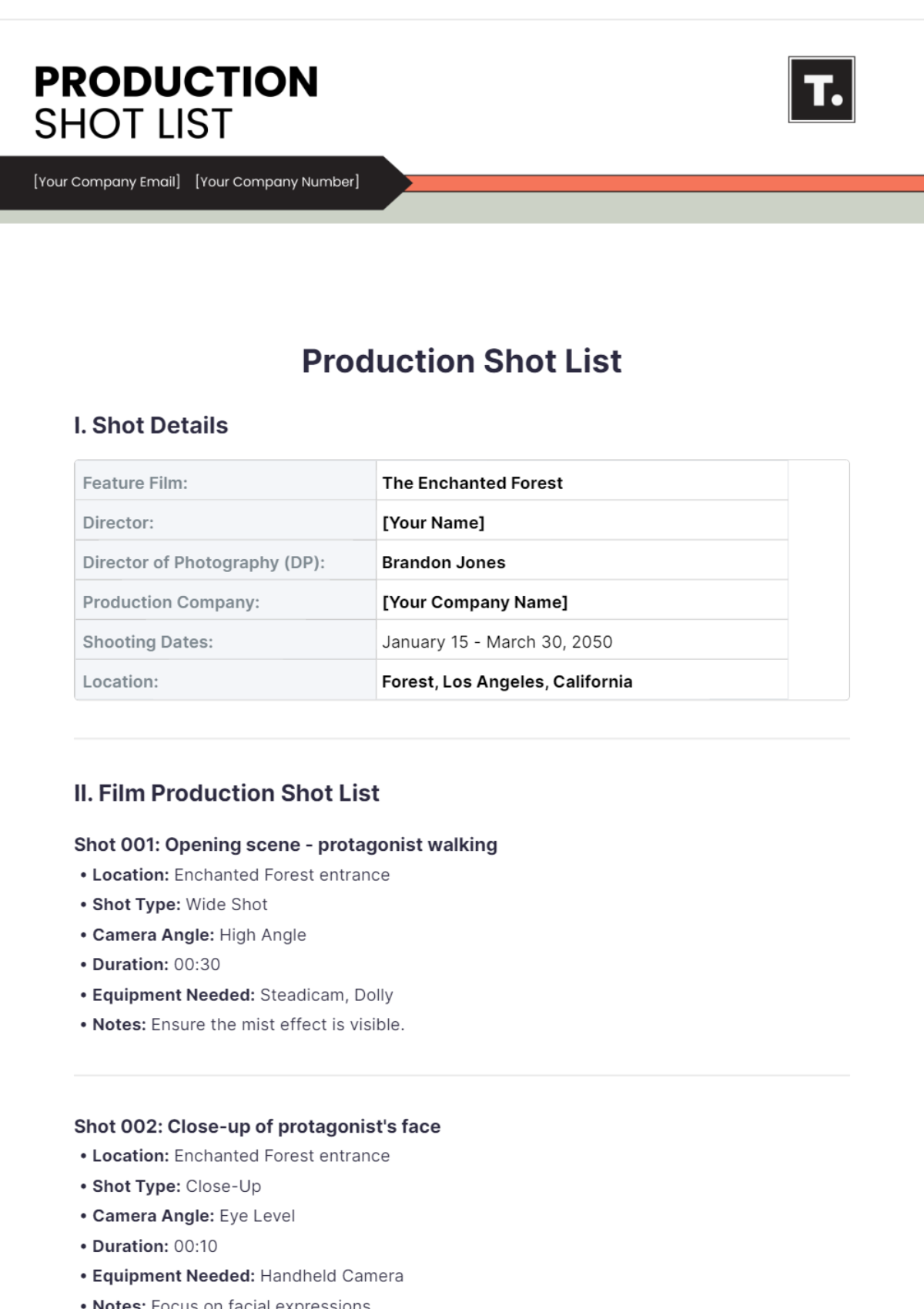 Production Shot List Template - Edit Online & Download