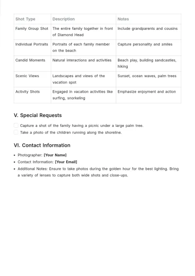 Free Family Photo Shot List Template to Edit Online