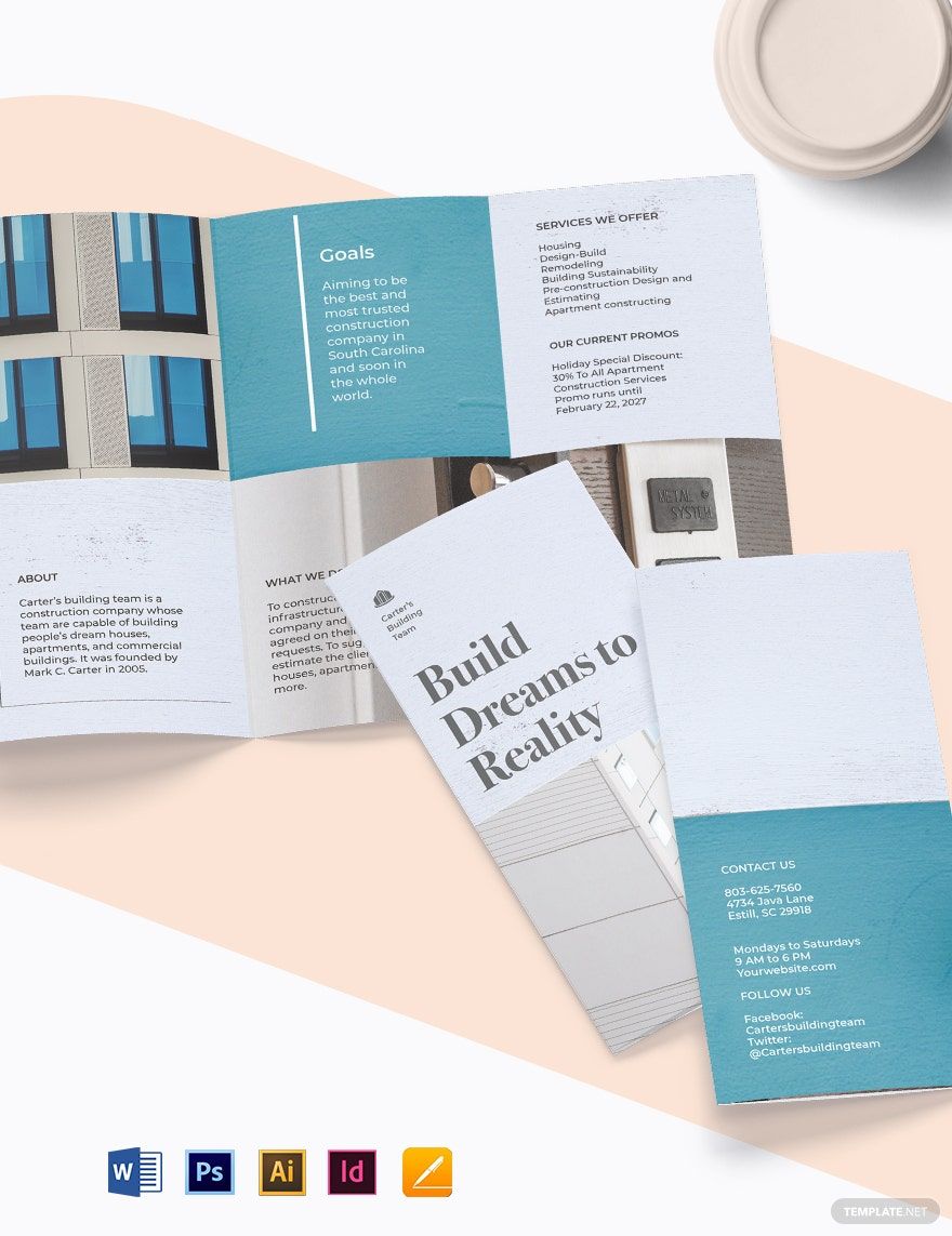 Apartment Construction Tri-Fold Brochure Template in Word, Illustrator, PSD, Apple Pages, InDesign