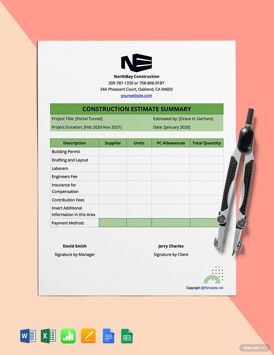 Construction Estimate Format Template in Word, Excel, Pages, Apple Numbers, Google Docs, Google Sheets - Download | Template.net