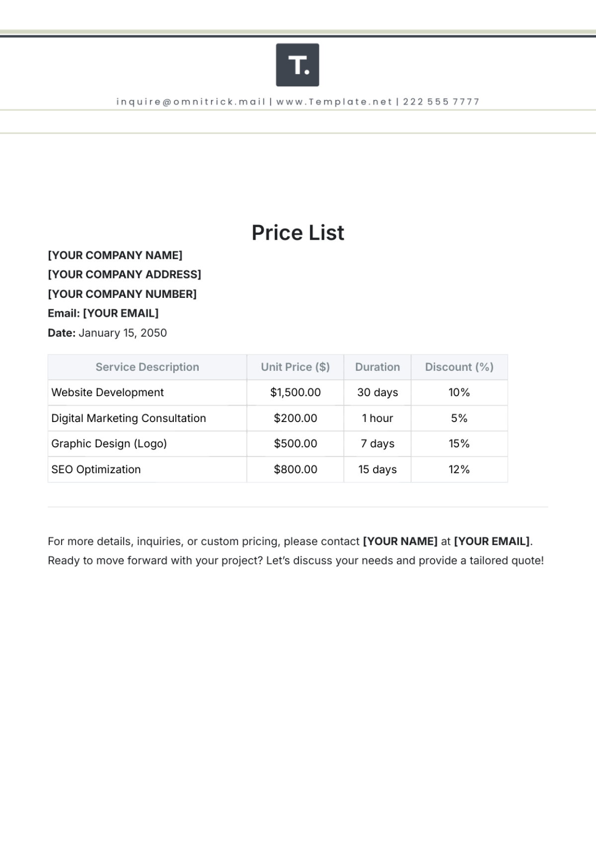 Sample Price List Template