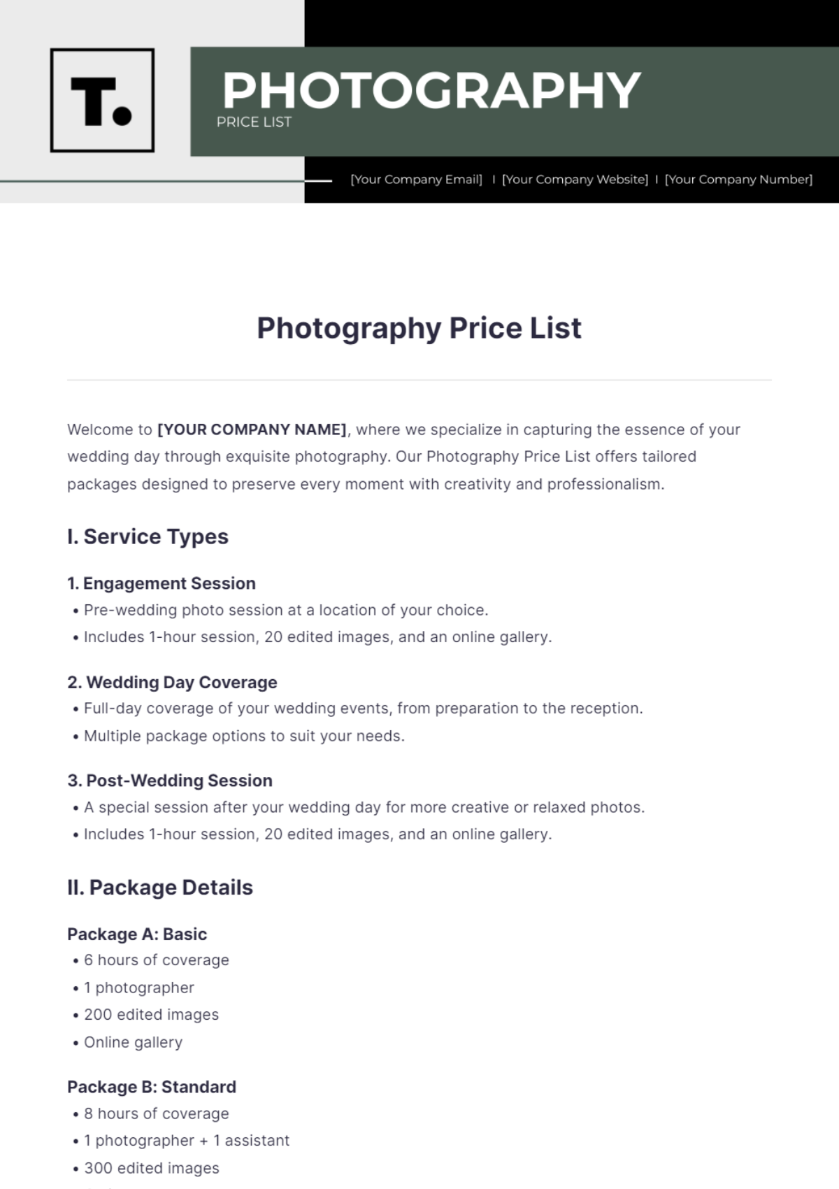 Photography Price List Template - Edit Online & Download