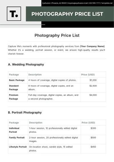 Free Photography Price List Template to Edit Online