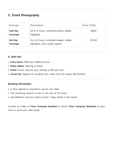 Free Photography Price List Template to Edit Online
