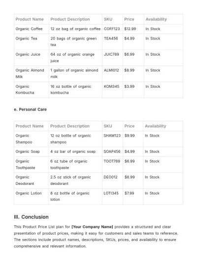 Free Product Price List Template to Edit Online