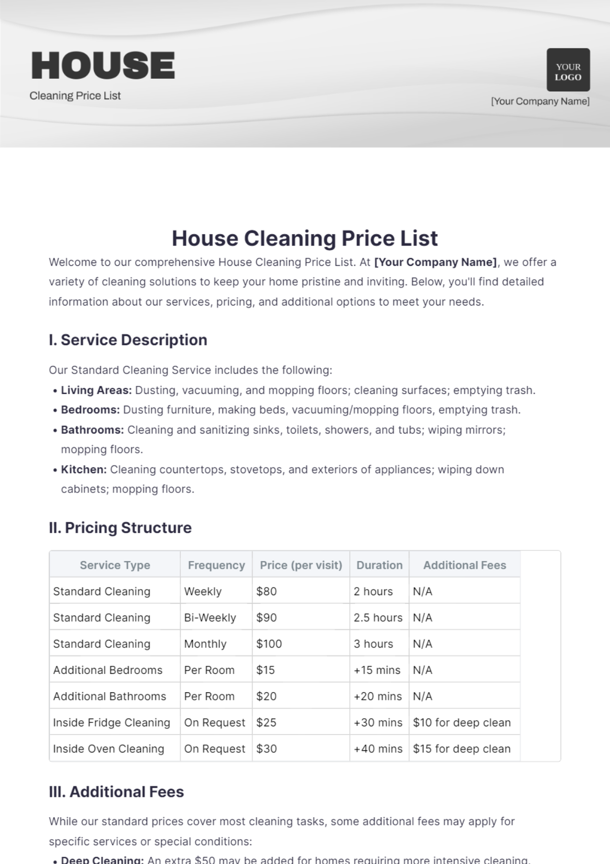 House Cleaning Price List Template - Edit Online & Download