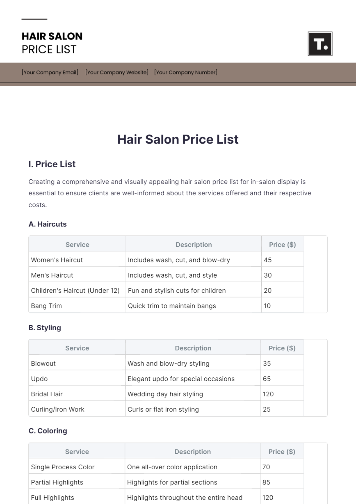 Hair Salon Price List Template - Edit Online & Download