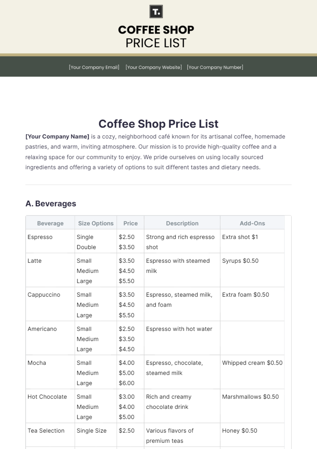 Coffee Shop Price List Template - Edit Online & Download