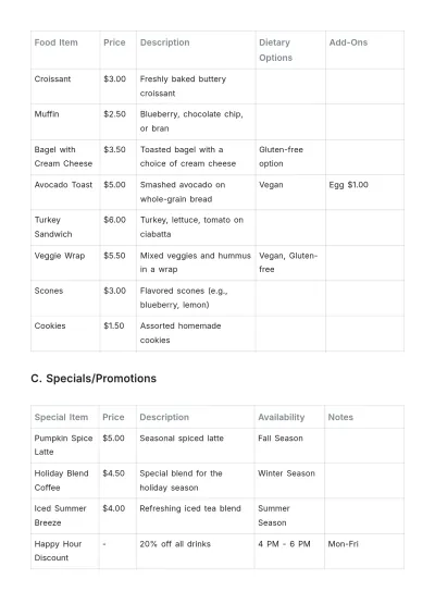 Free Coffee Shop Price List Template to Edit Online