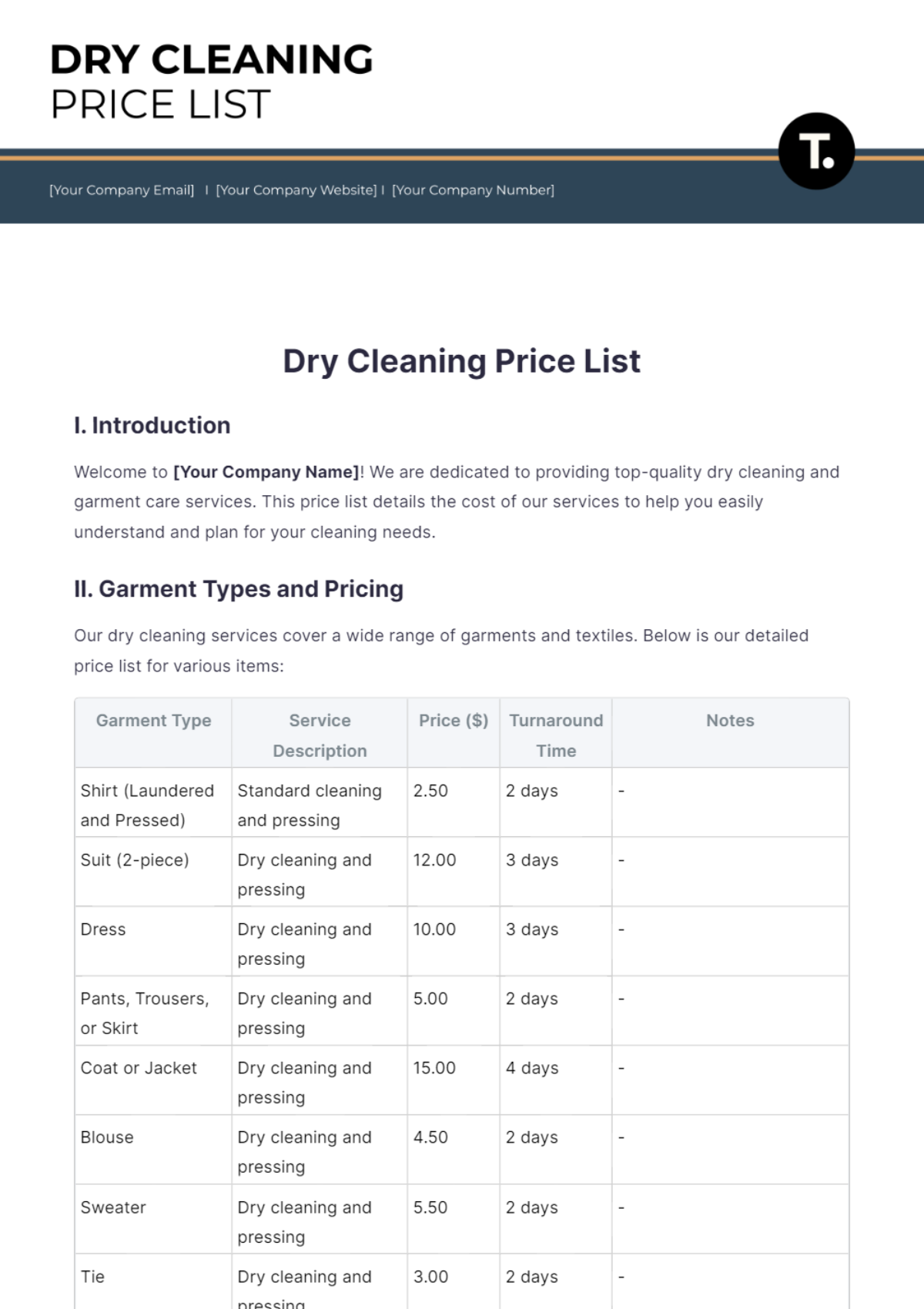 Dry Cleaning Price List Template - Edit Online & Download