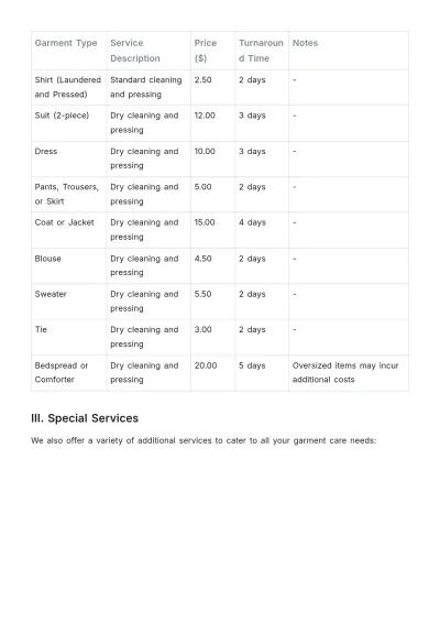 Free Dry Cleaning Price List Template to Edit Online