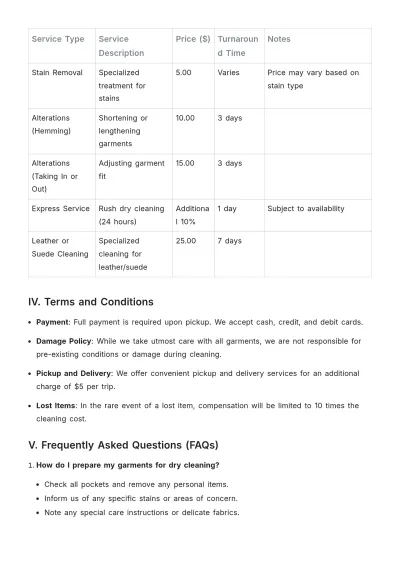 Free Dry Cleaning Price List Template to Edit Online