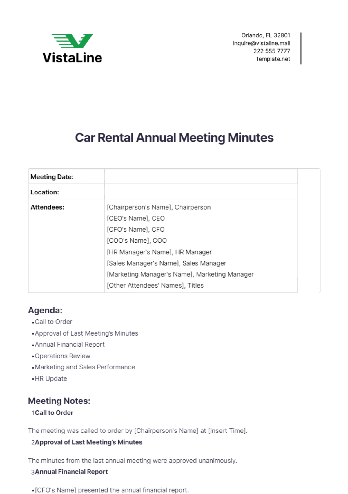 Car Rental Annual Meeting Minutes Template - Edit Online & Download