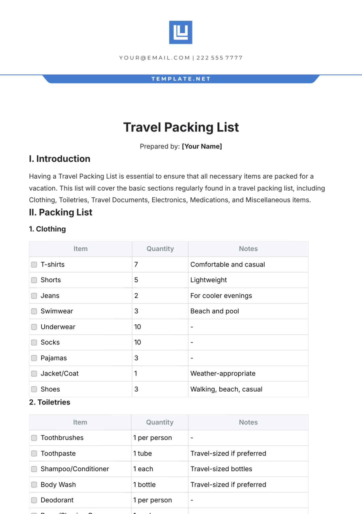 Travel Packing List Template - Edit Online & Download