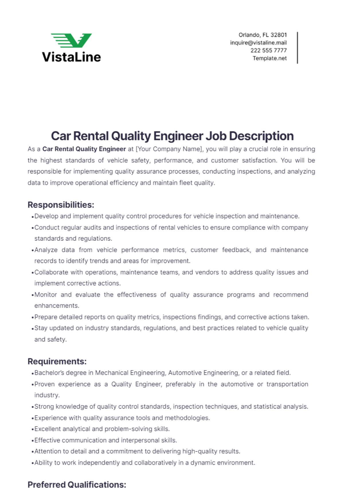 Car Rental Quality Engineer Job Description Template - Edit Online & Download