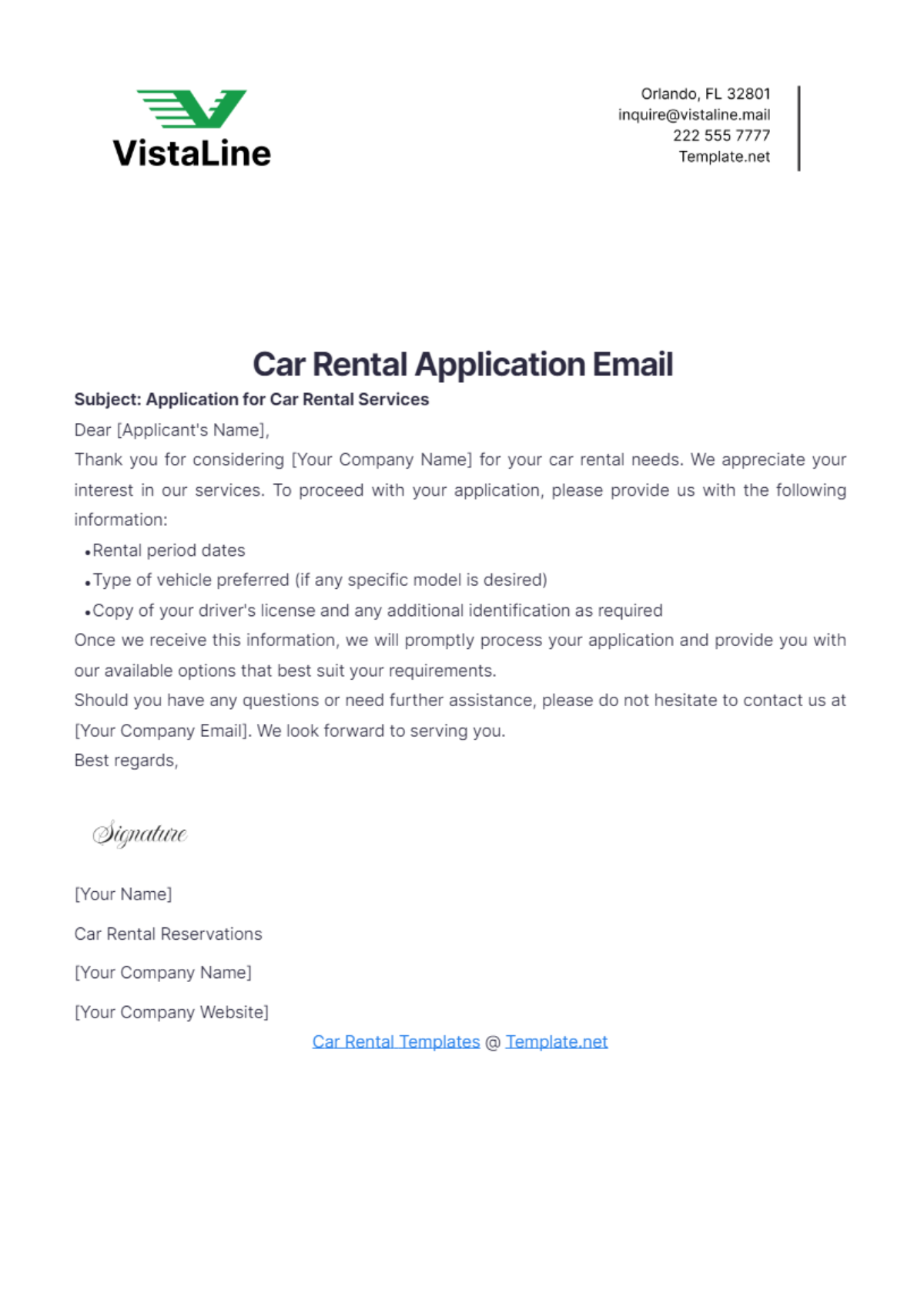 Car Rental Application Email Template