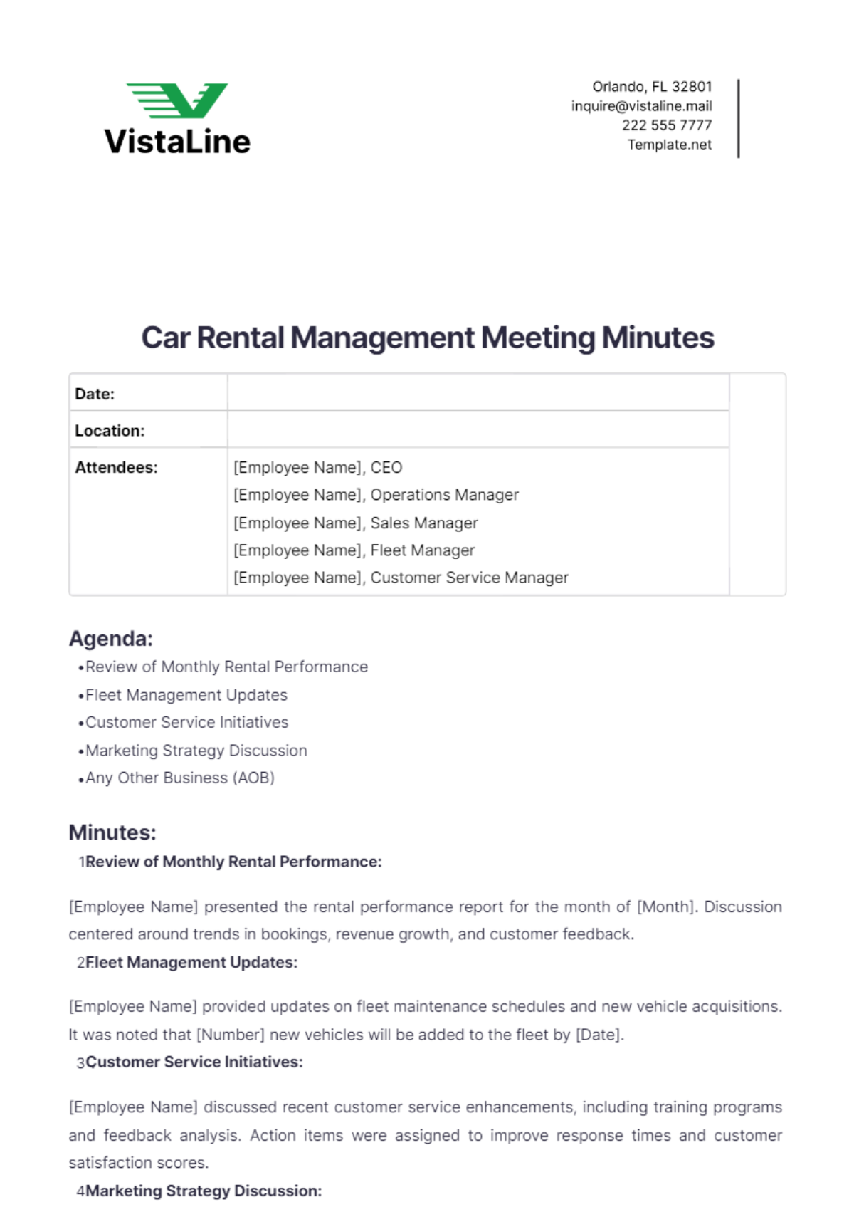 Car Rental Management Meeting Minutes Template - Edit Online & Download