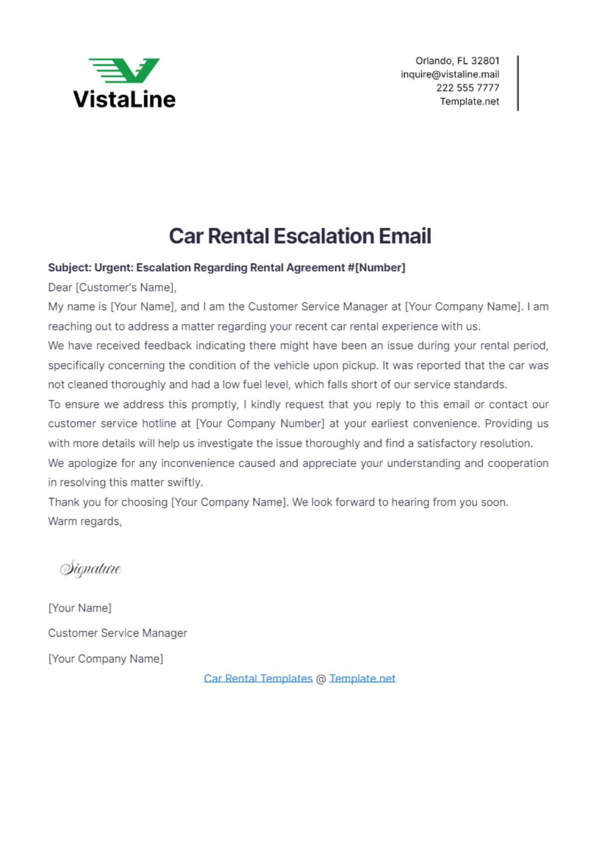 Car Rental Escalation Email Template