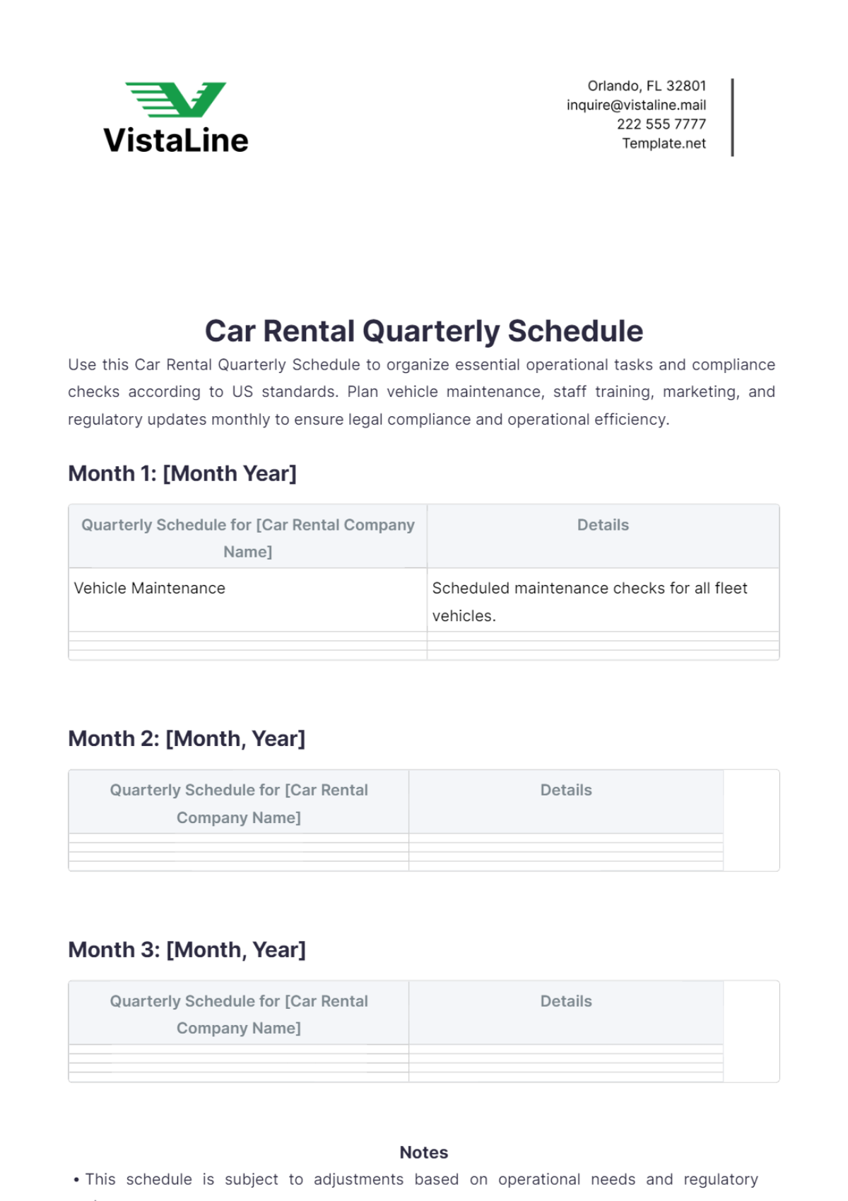 Car Rental Quarterly Schedule Template - Edit Online & Download