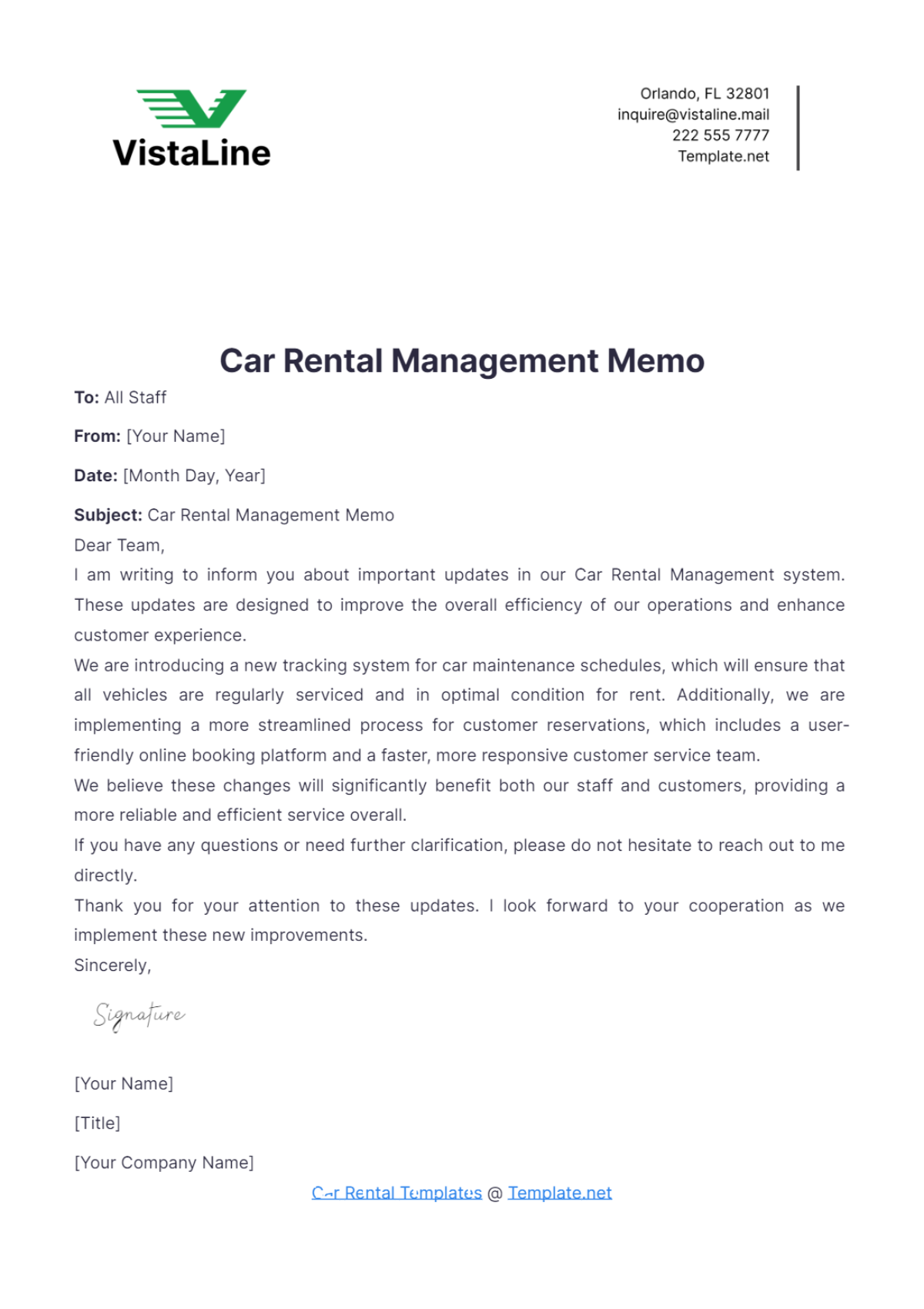 Car Rental Management Memo Template - Edit Online & Download