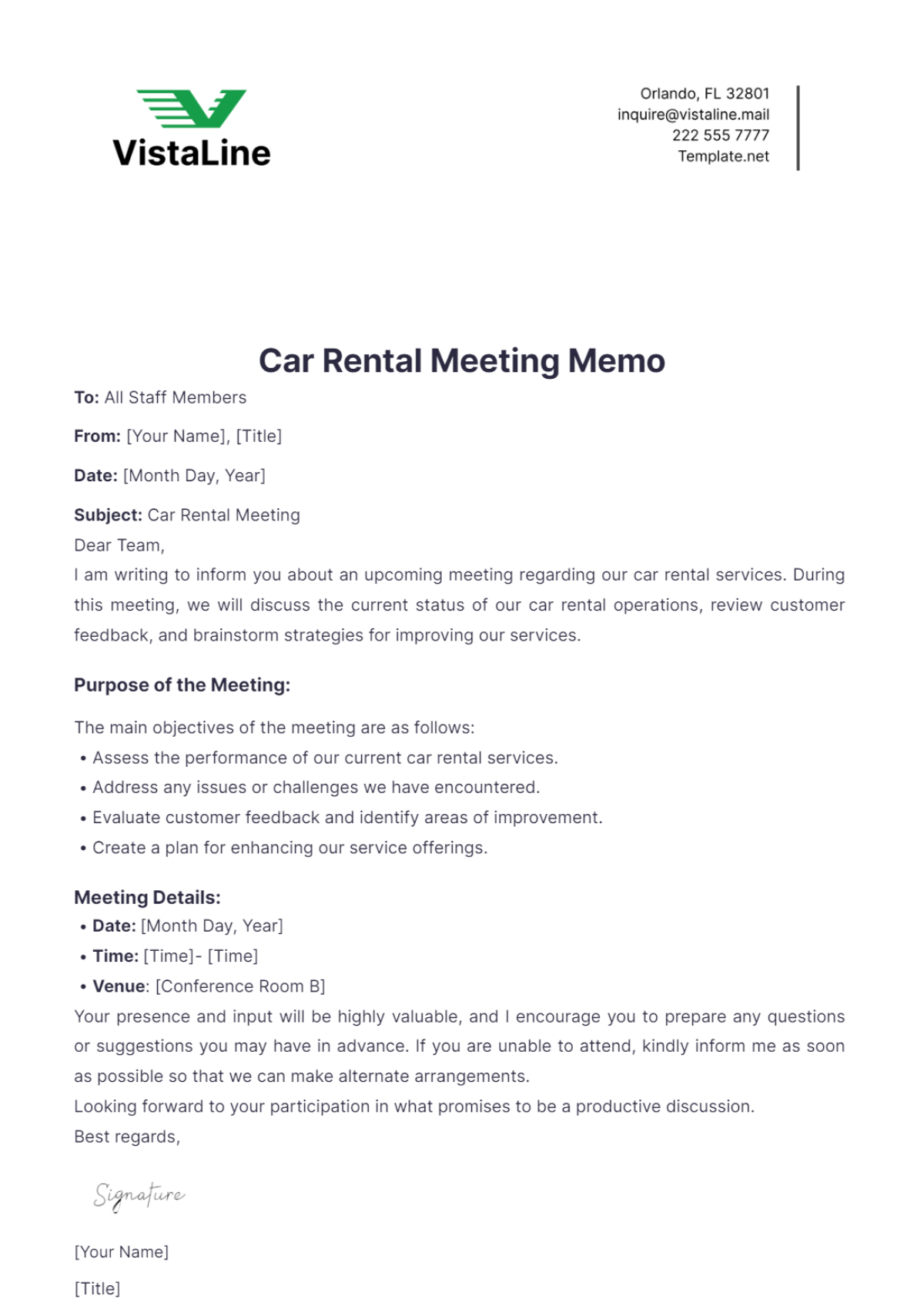 Car Rental Meeting Memo Template - Edit Online & Download