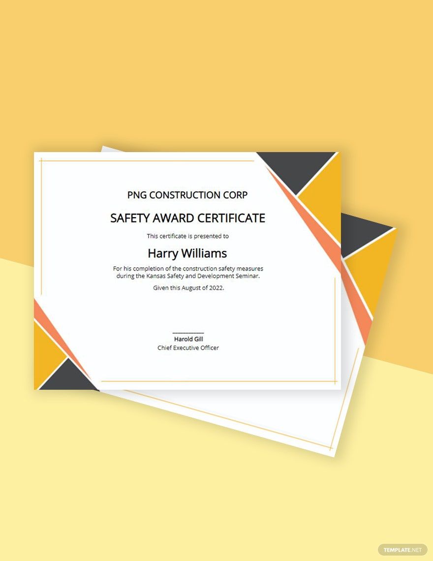 Safety Award Certificate Template Google Docs Illustrator Word Outlook Apple Pages PSD 