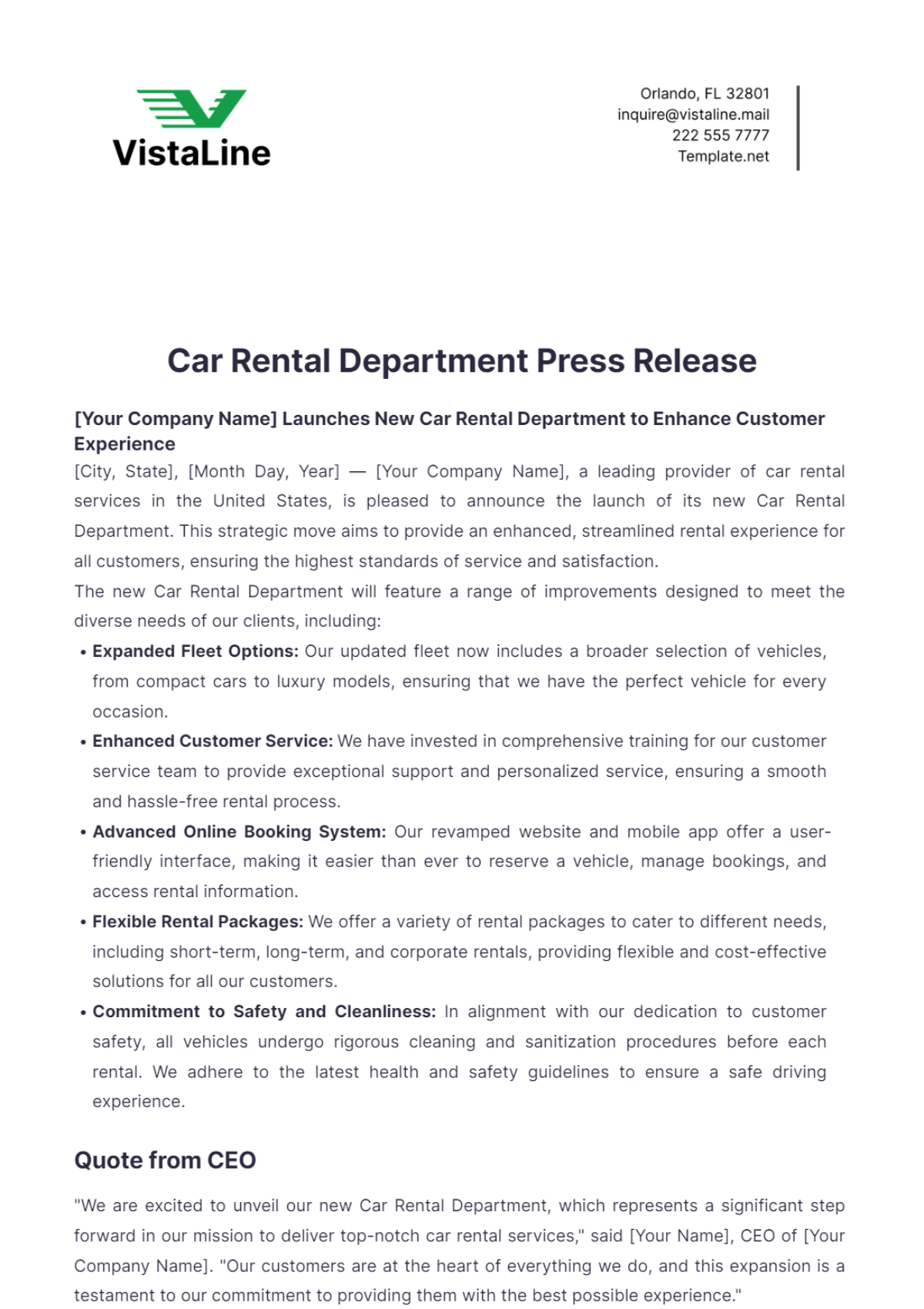 Car Rental Department Press Release Template - Edit Online & Download