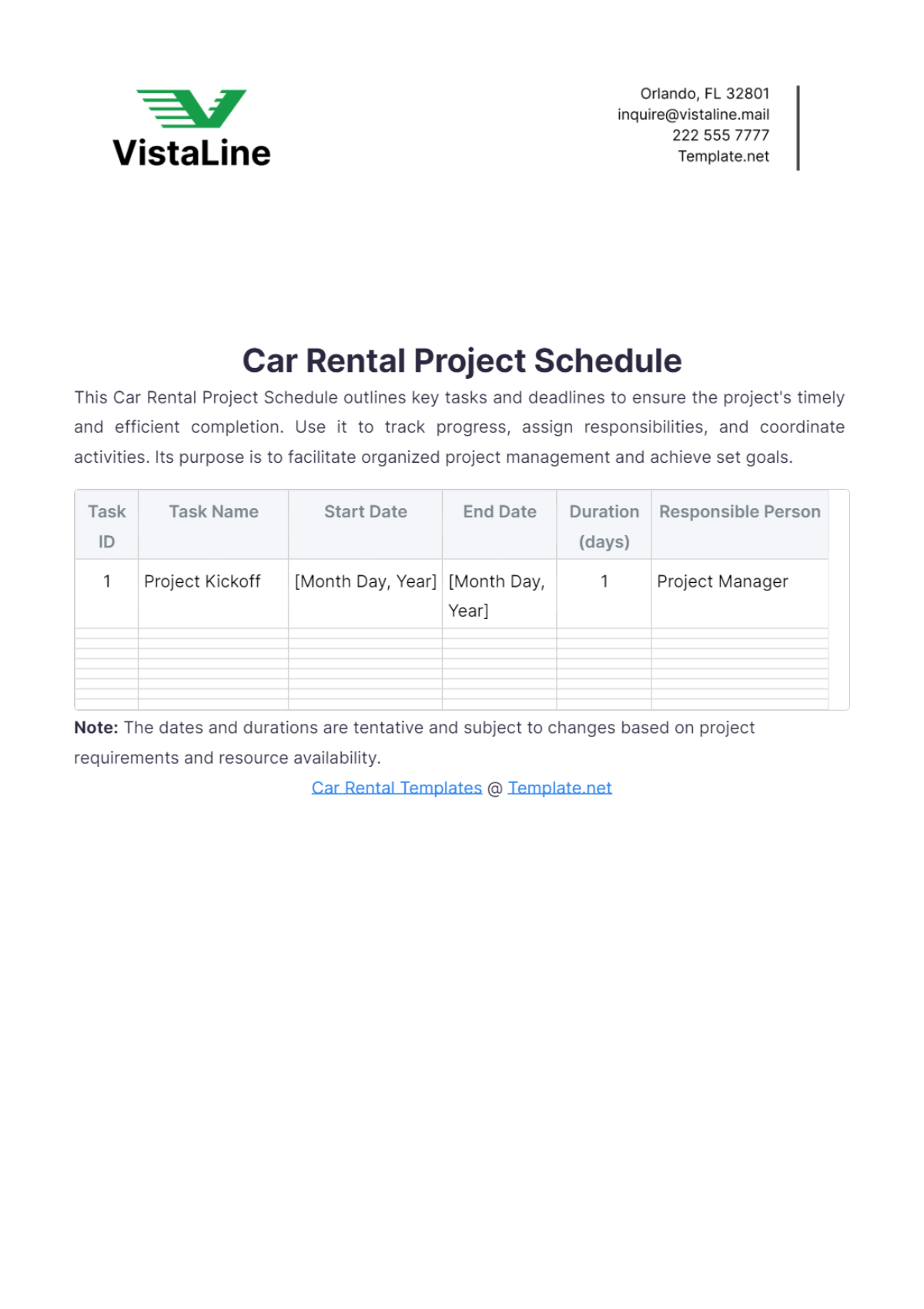 Car Rental Project Schedule Template - Edit Online & Download