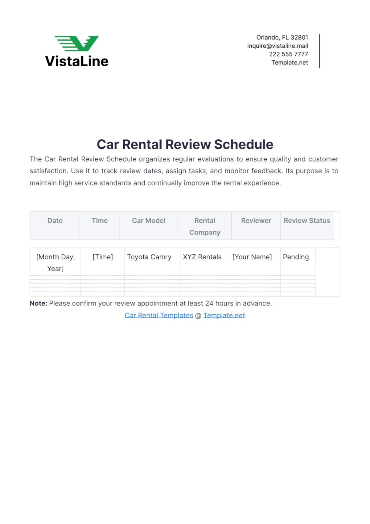 Car Rental Review Schedule Template - Edit Online & Download