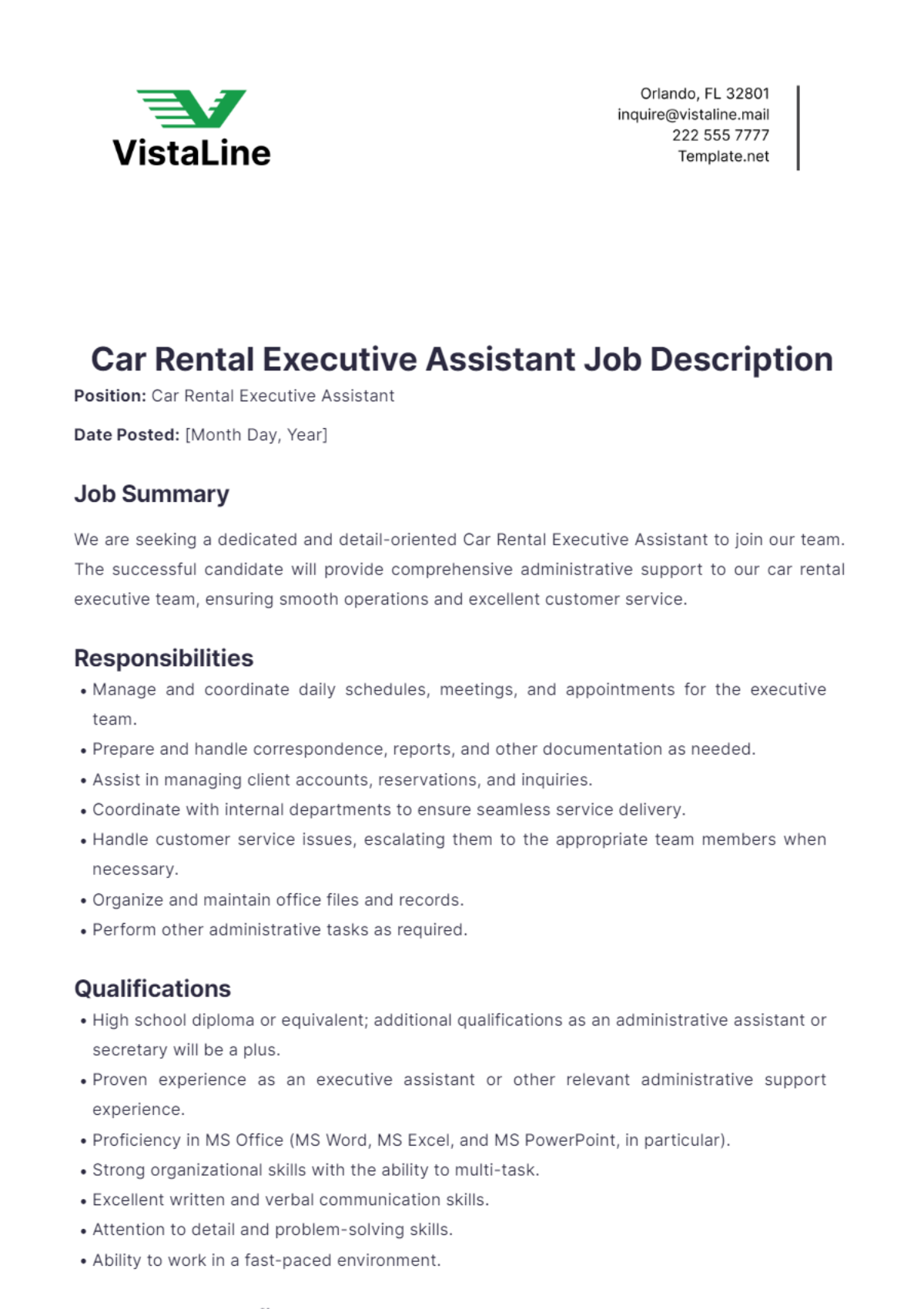 Car Rental Executive Assistant Job Description Template - Edit Online & Download