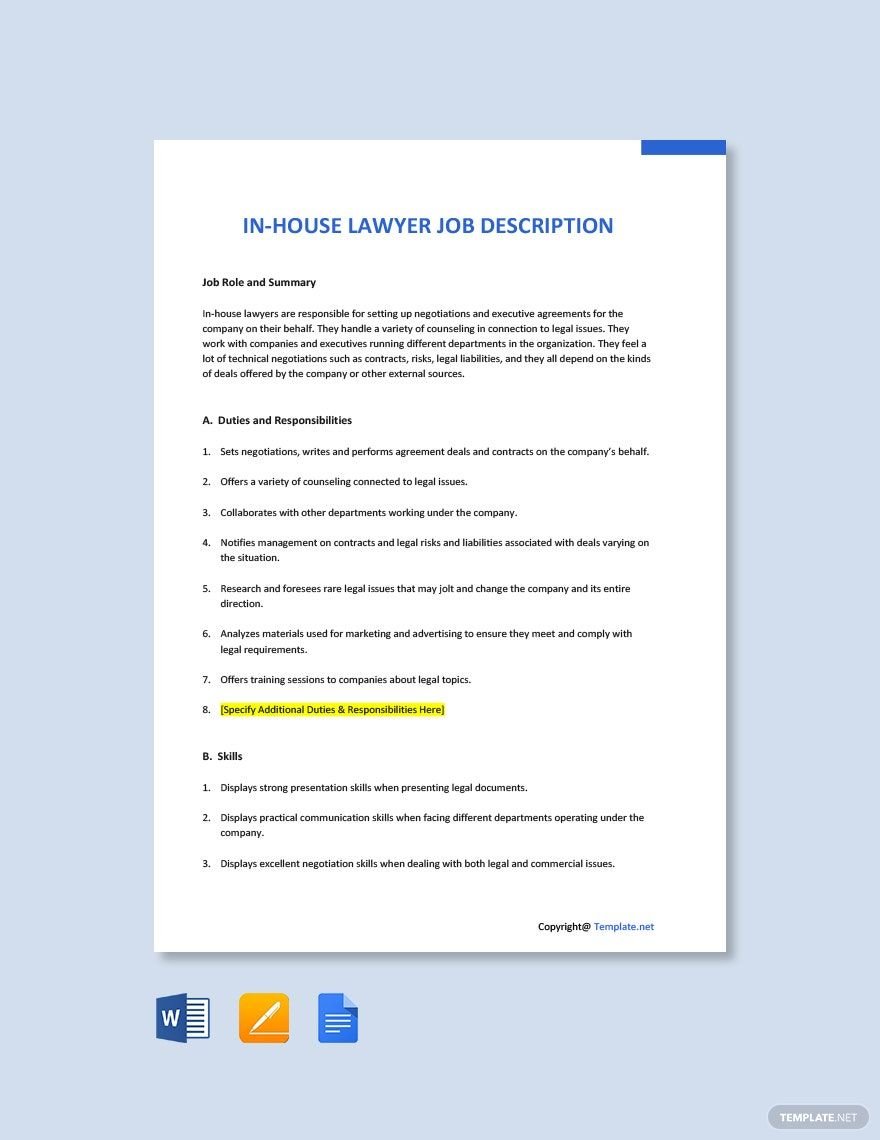 Free In-House Lawyer Job Description Template