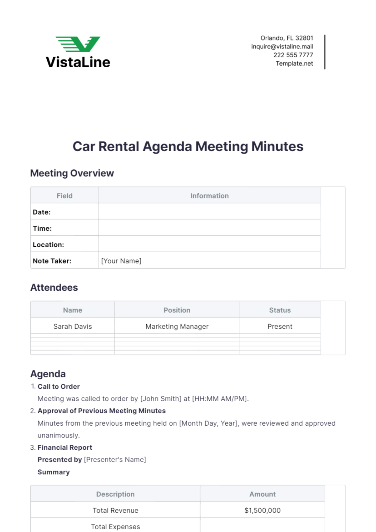 Car Rental Agenda Meeting Minutes Template - Edit Online & Download