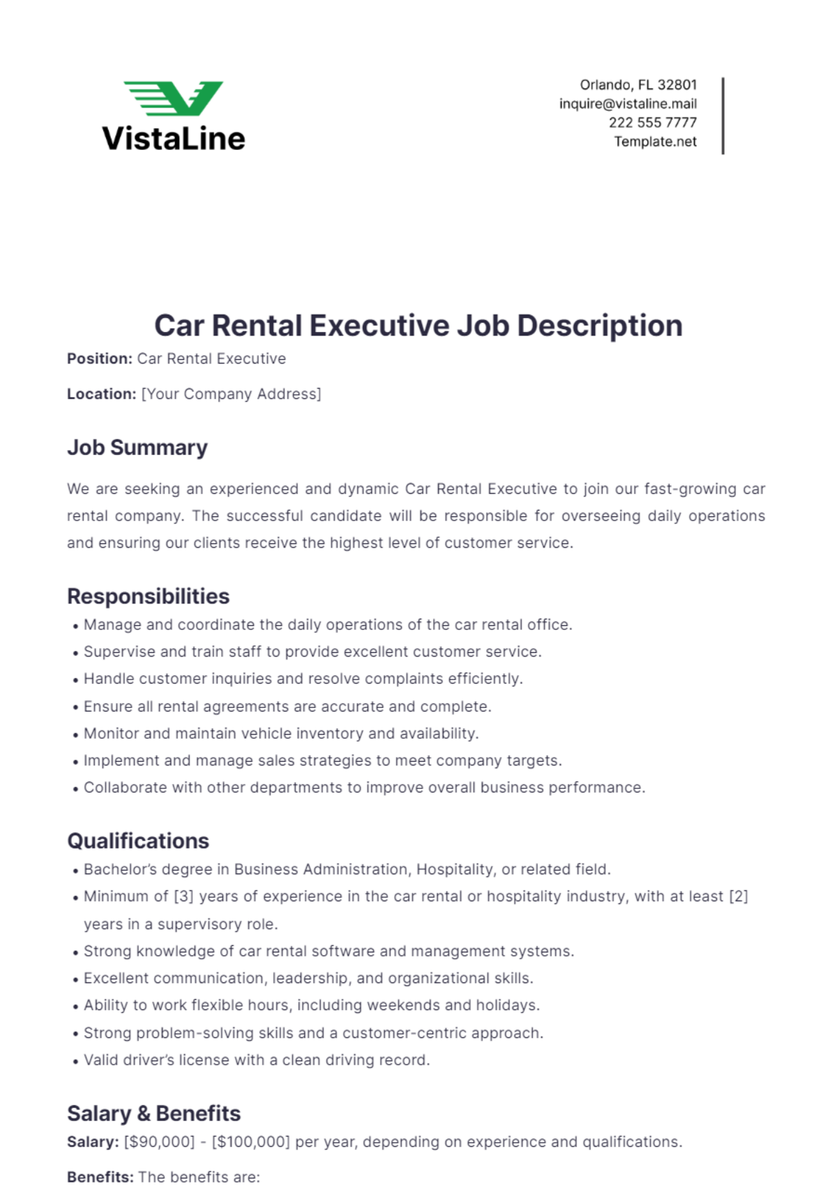 Car Rental Executive Job Description Template - Edit Online & Download