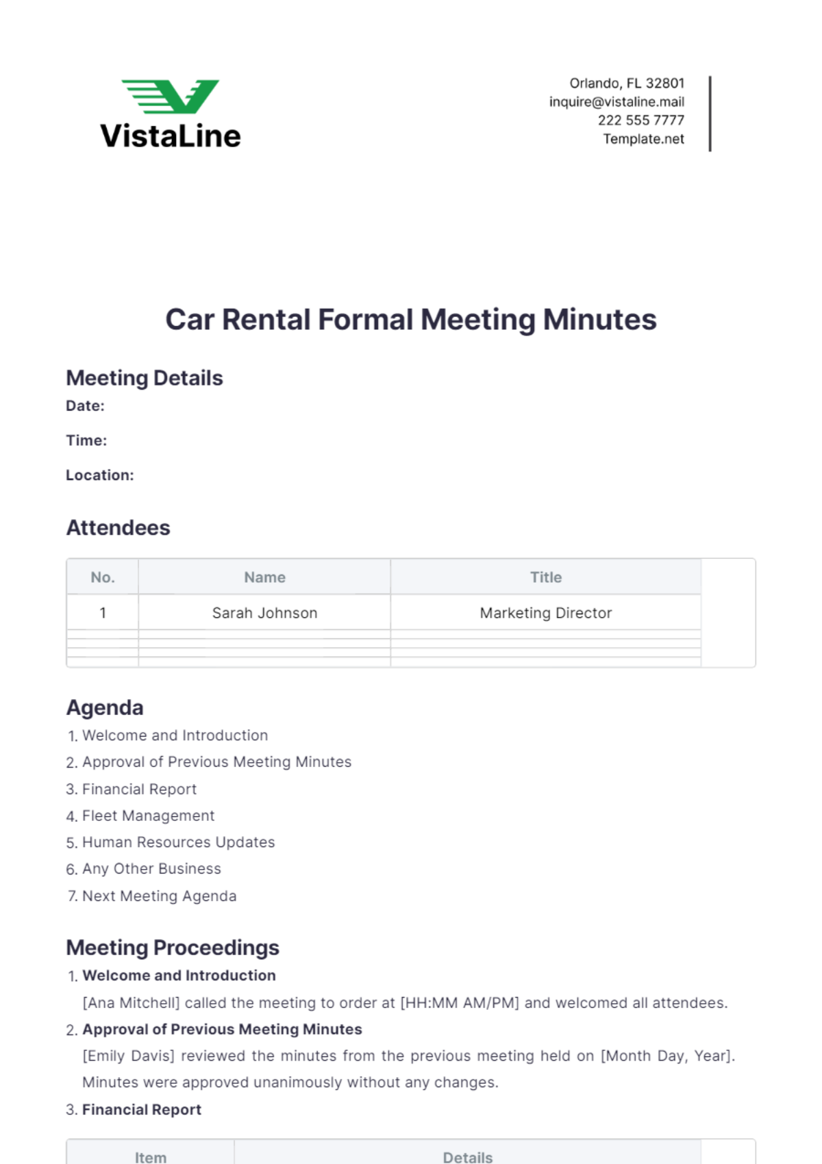 Car Rental Formal Meeting Minutes Template - Edit Online & Download