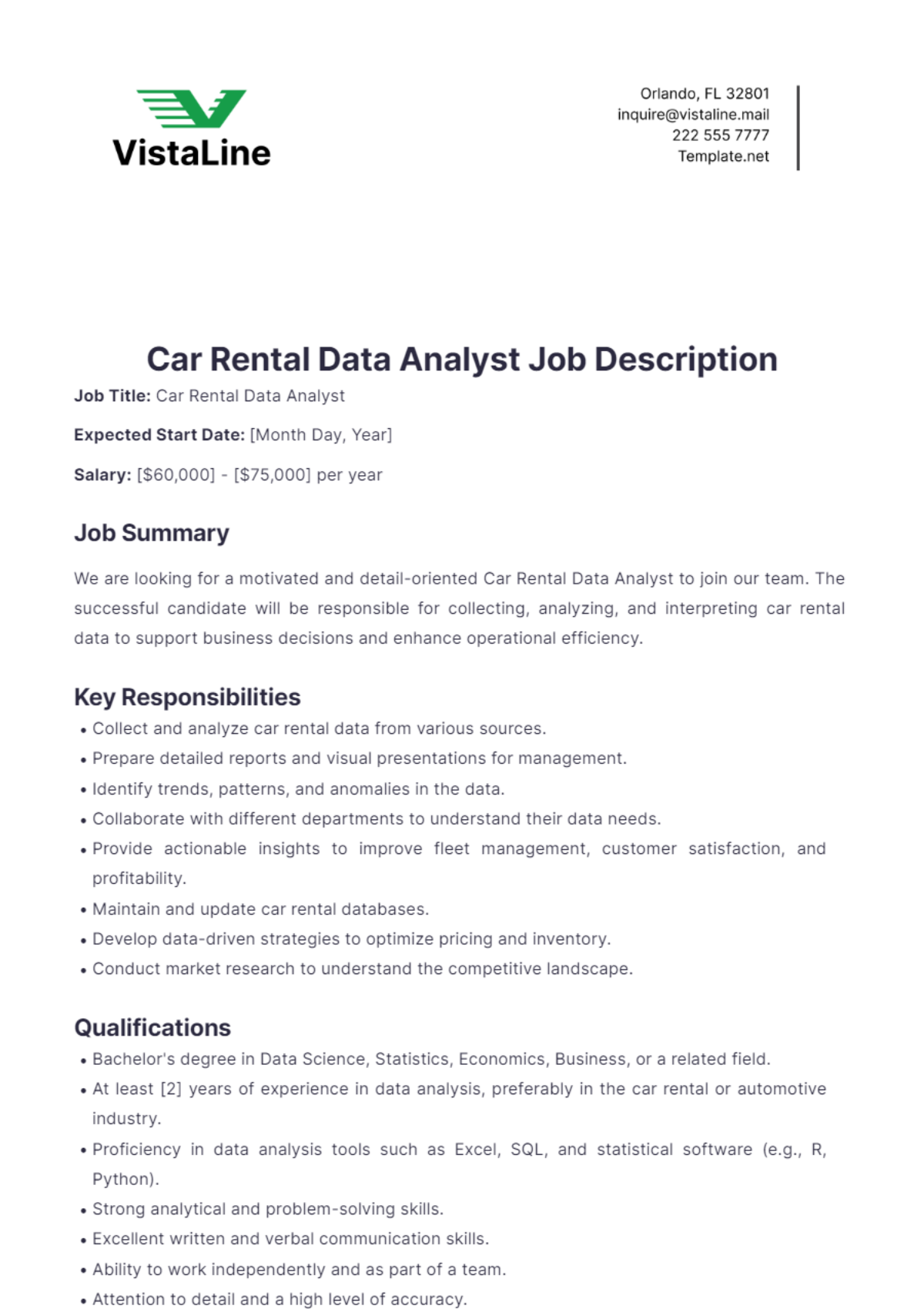 Car Rental Data Analyst Job Description Template - Edit Online & Download