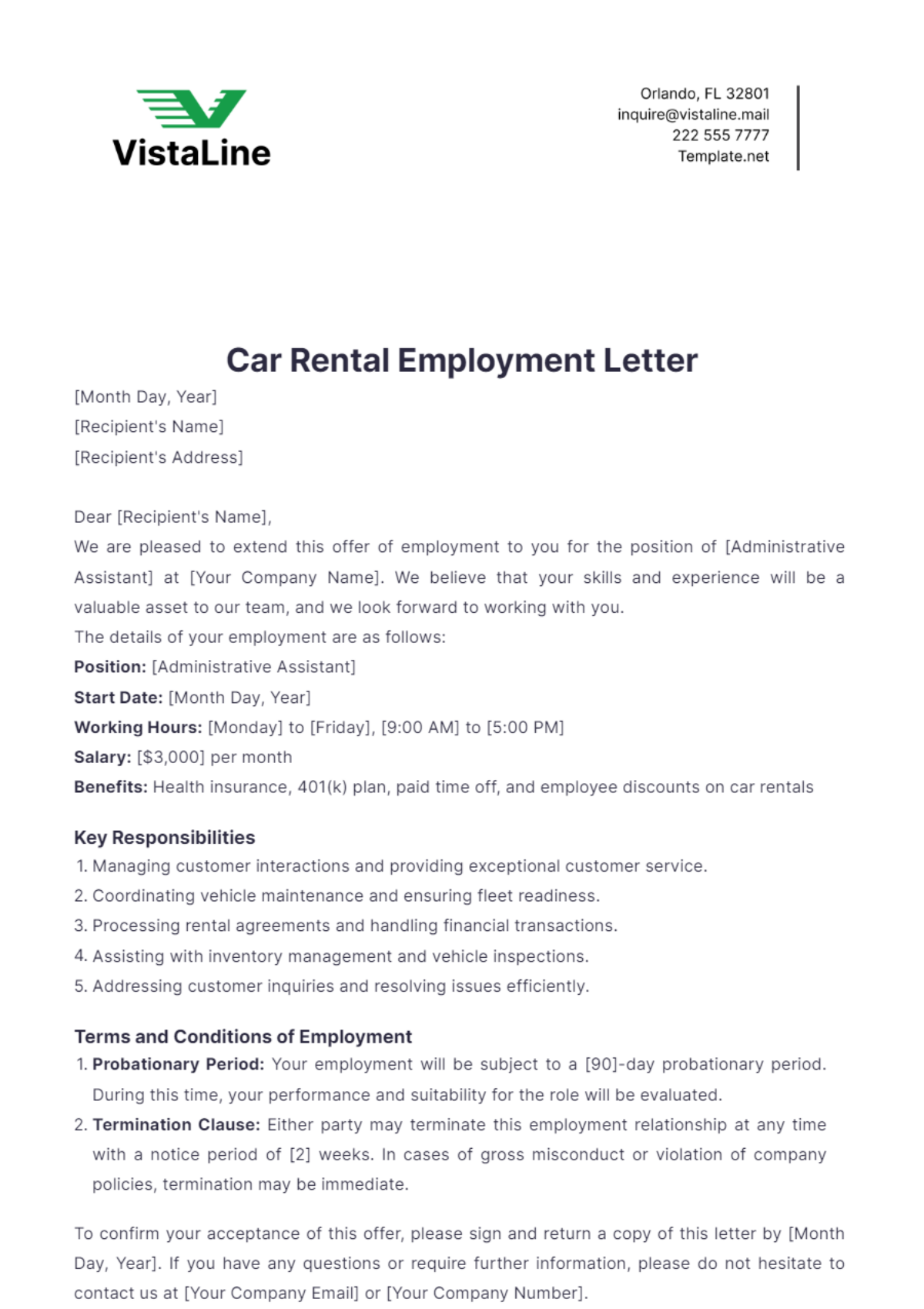 Free Car Rental Employment Letter Template