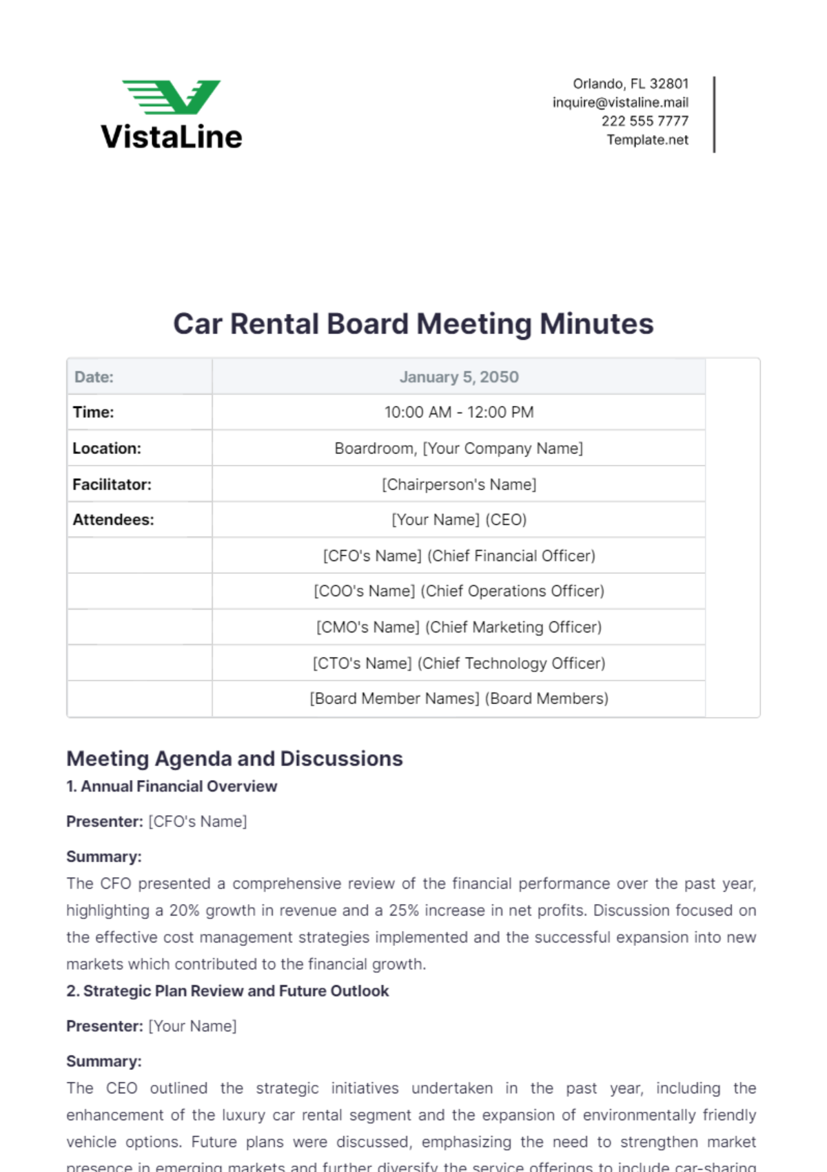 Car Rental Board Meeting Minutes Template - Edit Online & Download