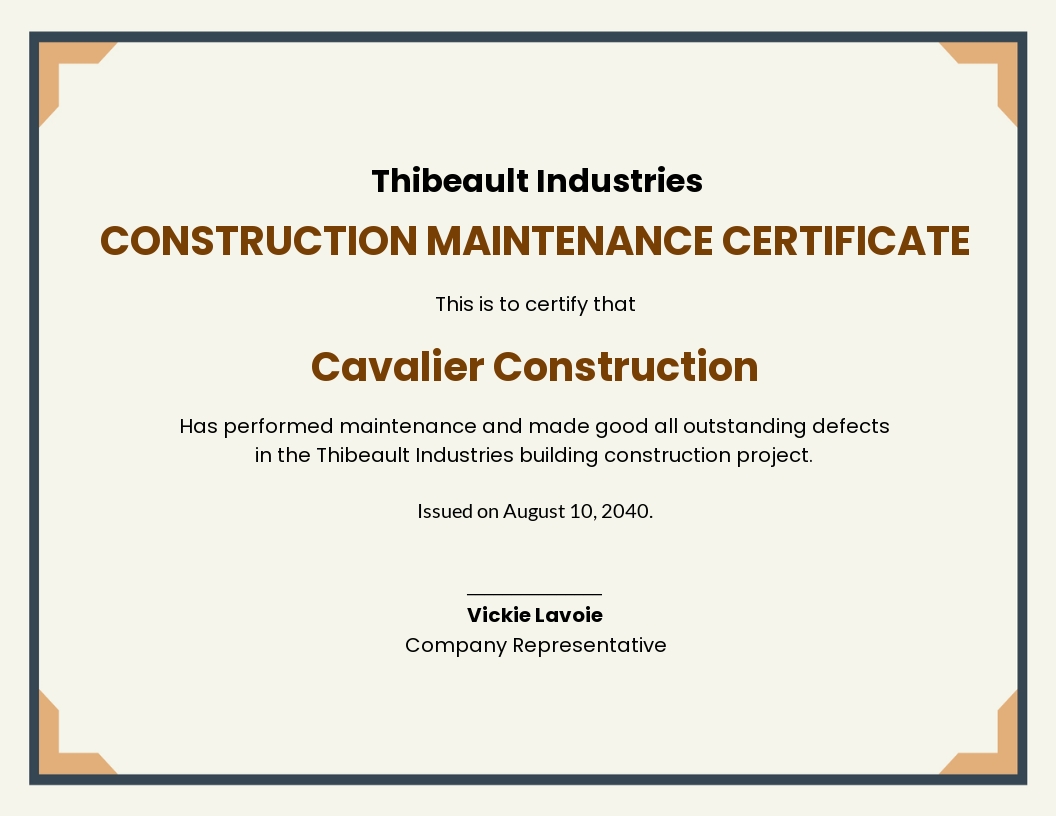 Construction Maintenance Certificate Template | Template.net