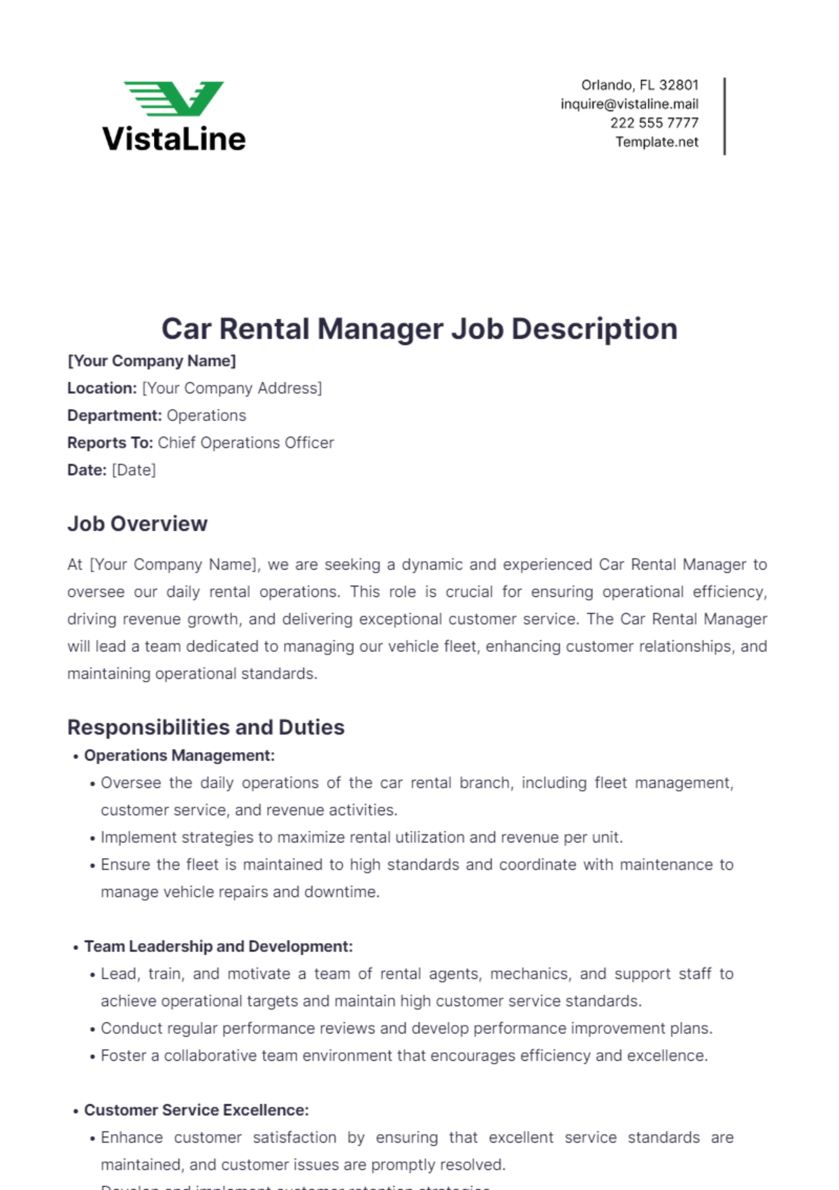 Car Rental Manager Job Description Template - Edit Online & Download