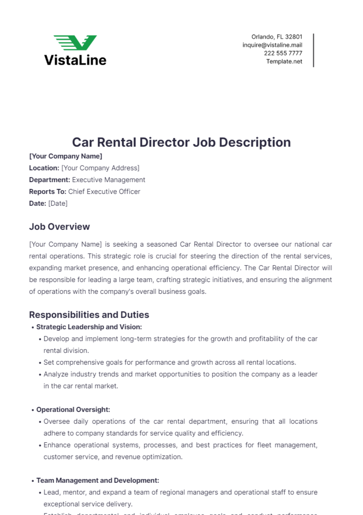 Car Rental Director Job Description Template - Edit Online & Download