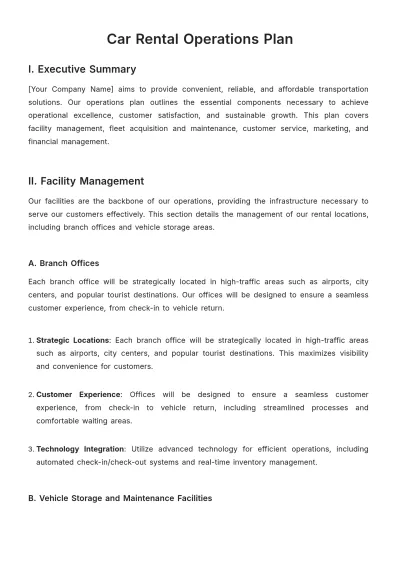 Free Car Rental Operations Plan Template to Edit Online