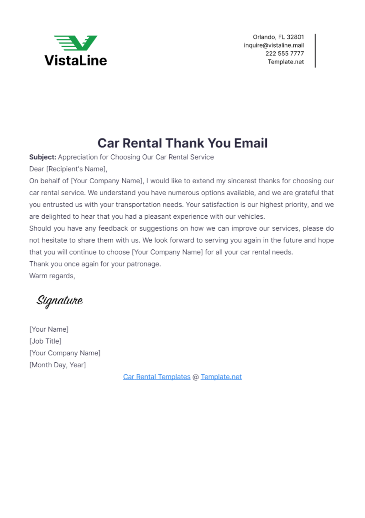 Car Rental Thank You Email Template