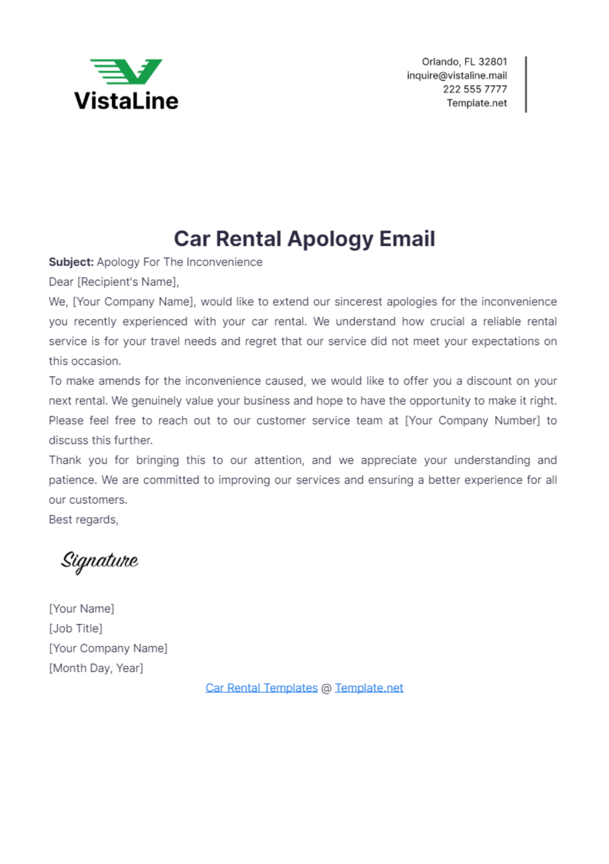 Car Rental Apology Email Template