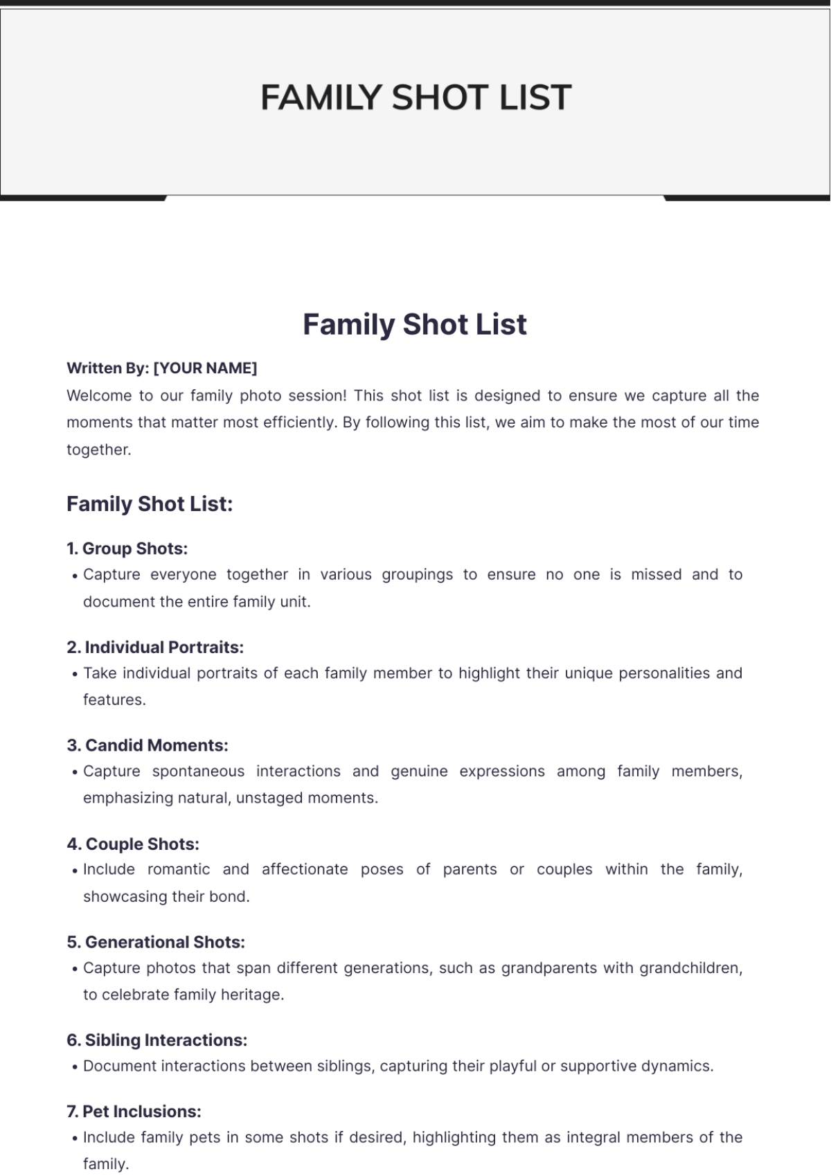 Family Shot List Template - Edit Online & Download