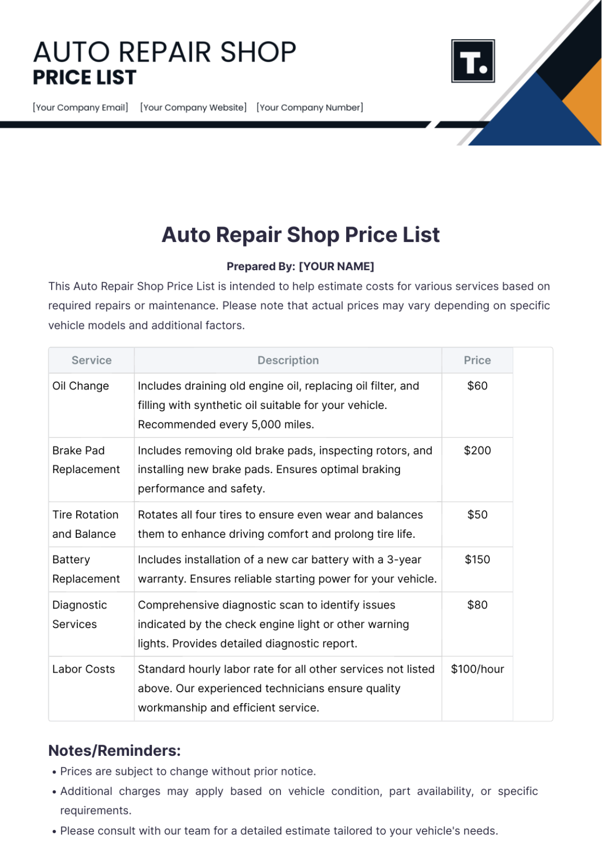 Auto Repair Shop Price List Template - Edit Online & Download